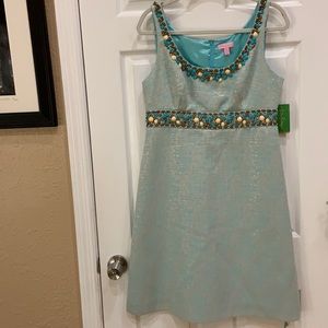 NWT Beaded Aqua & Metallic Cocktail Dress
